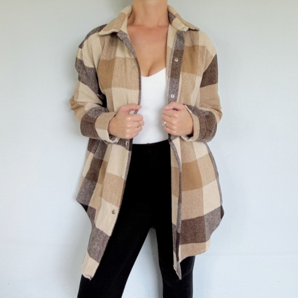 Brown tan plaid wool flannel oversized button down shirt jacket hybrid medium